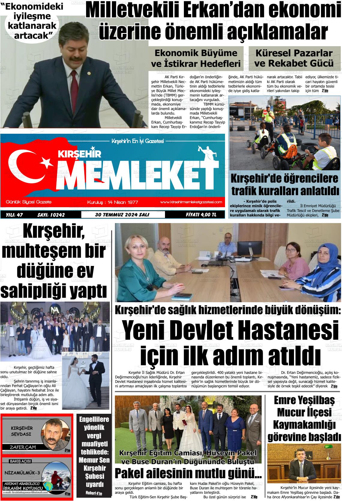 30 Temmuz 2024 Kırşehir Memleket Gazete Manşeti