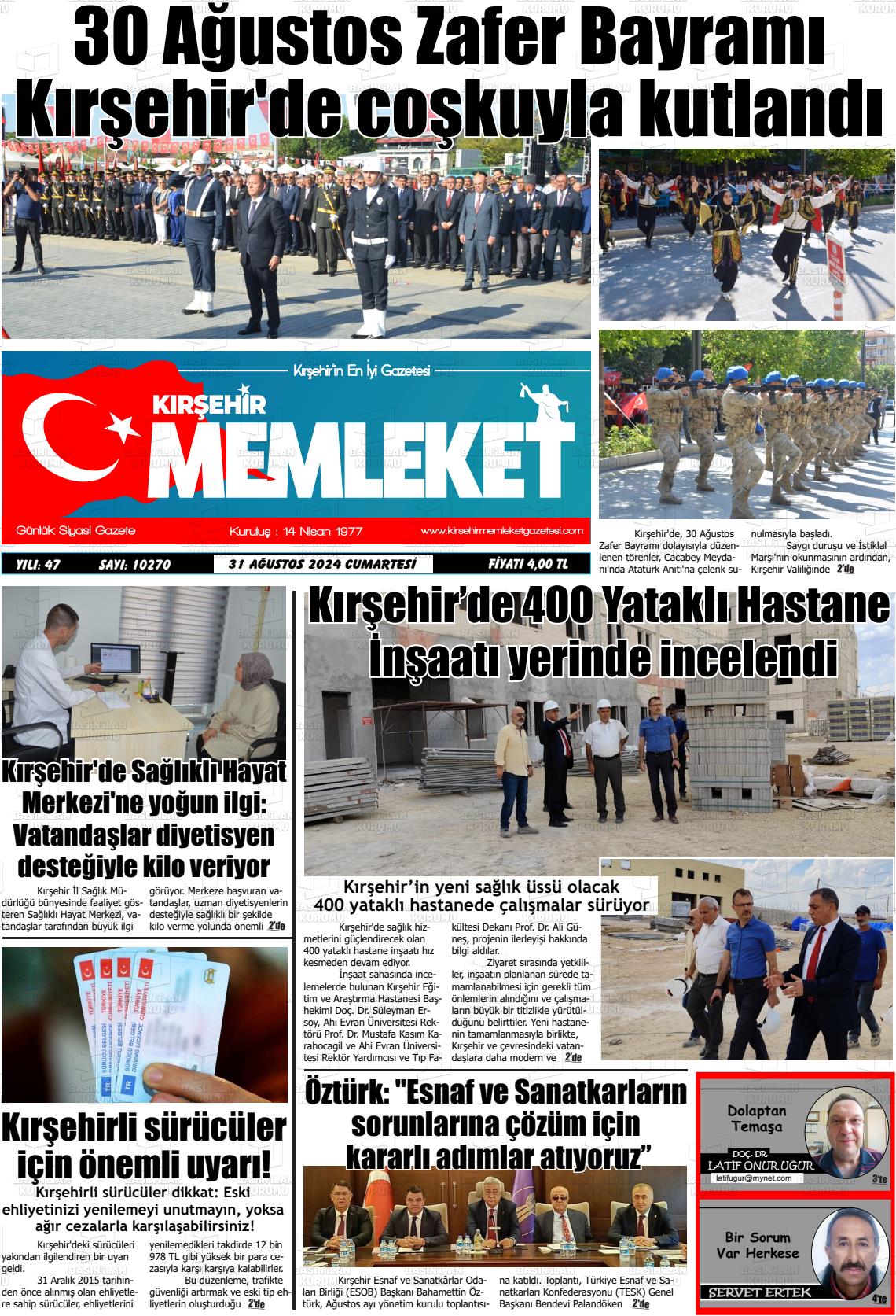 31 Ağustos 2024 Kırşehir Memleket Gazete Manşeti