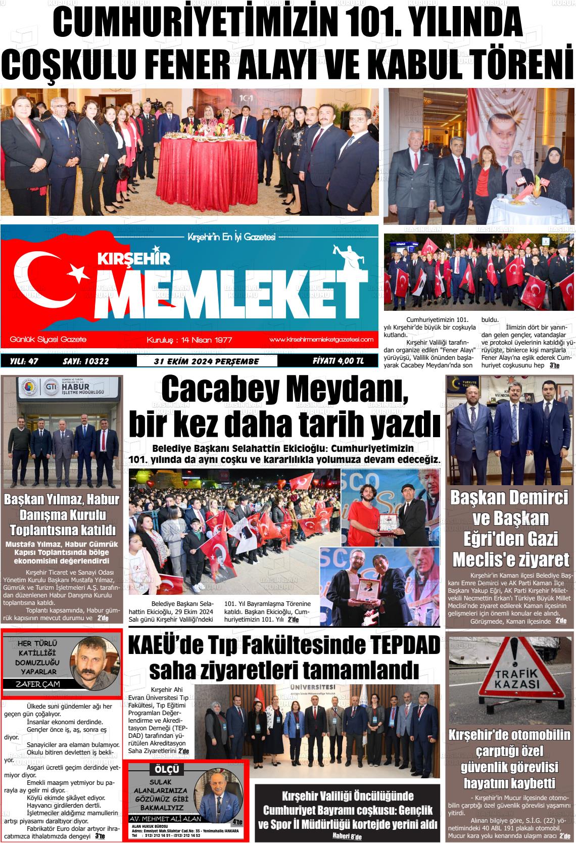 31 Ekim 2024 Kırşehir Memleket Gazete Manşeti