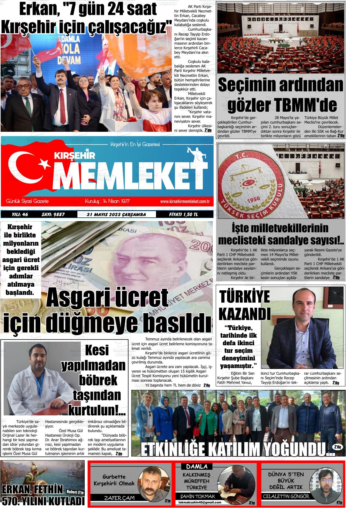 31 Mayıs 2023 Kırşehir Memleket Gazete Manşeti