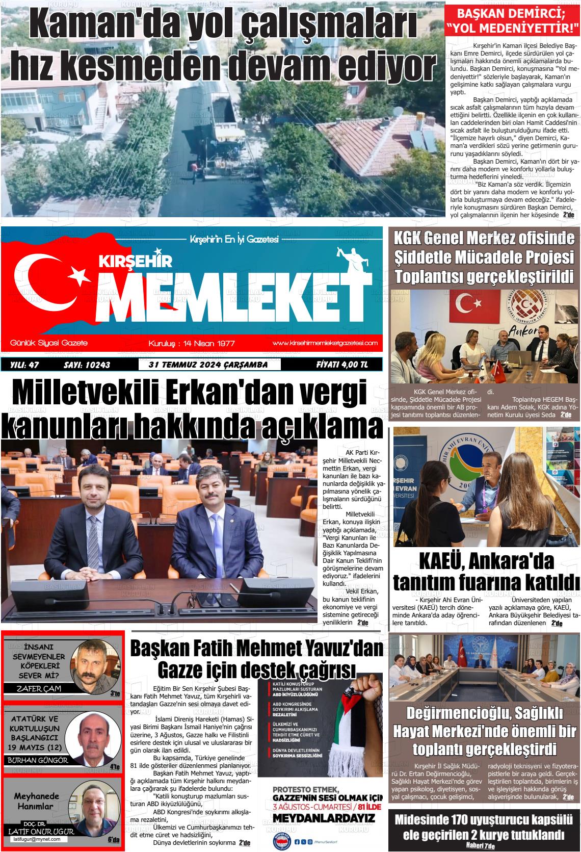 31 Temmuz 2024 Kırşehir Memleket Gazete Manşeti