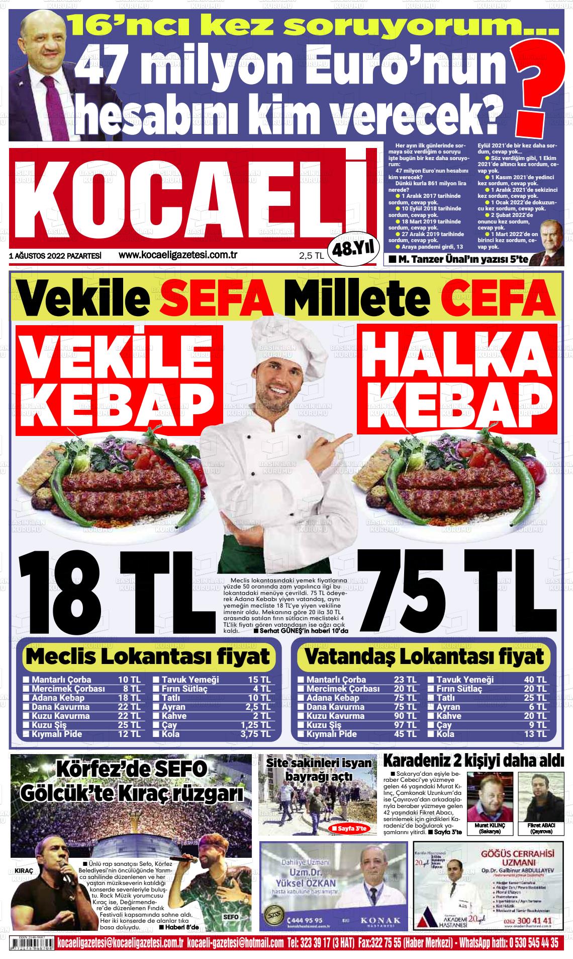 01 Ağustos 2022 Kocaeli Gazete Manşeti