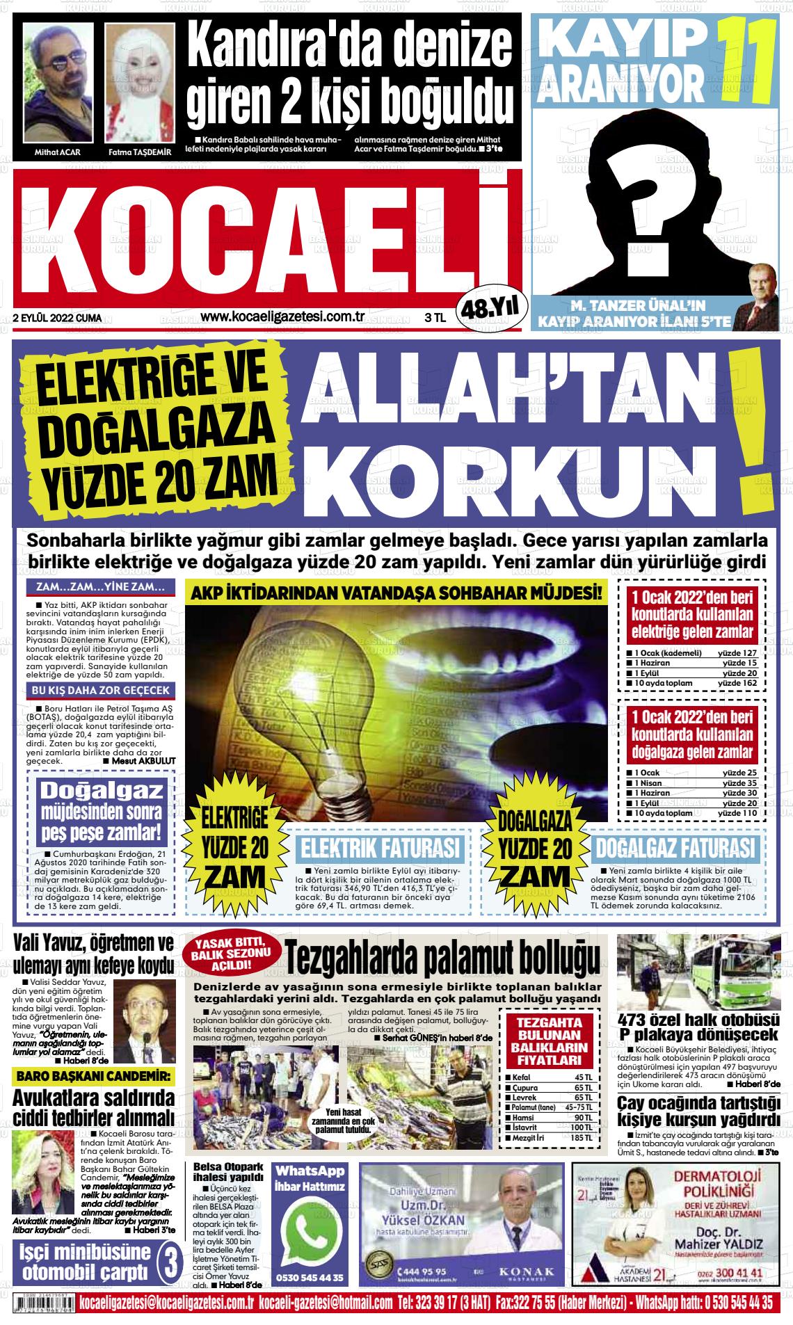 02 Eylül 2022 Kocaeli Gazete Manşeti