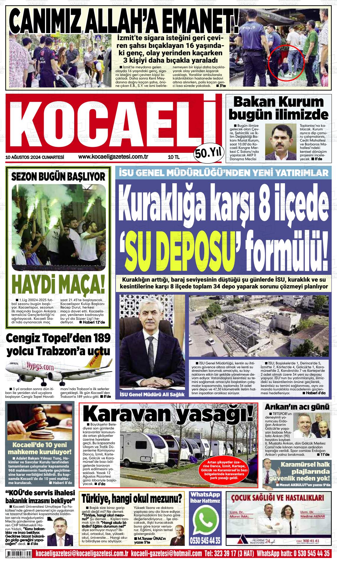 10 Ağustos 2024 Kocaeli Gazete Manşeti