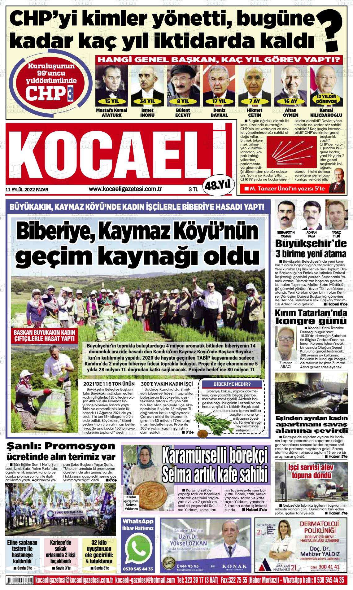 11 Eylül 2022 Kocaeli Gazete Manşeti