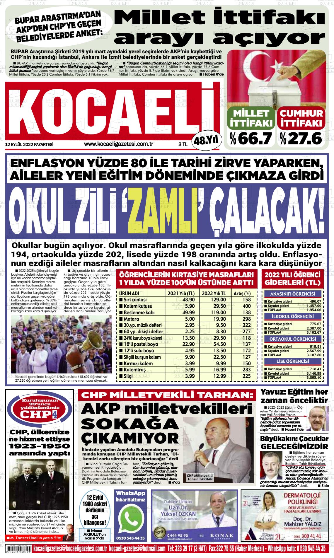 12 Eylül 2022 Kocaeli Gazete Manşeti