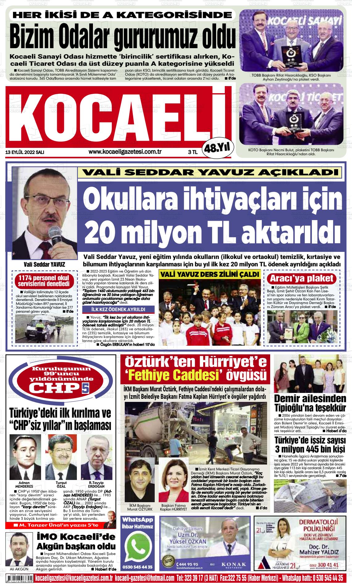 13 Eylül 2022 Kocaeli Gazete Manşeti