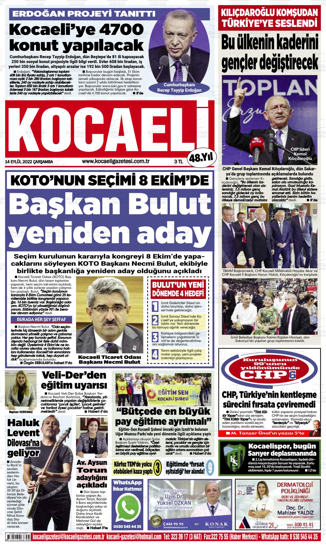 14 Eylül 2022 Kocaeli Gazete Manşeti