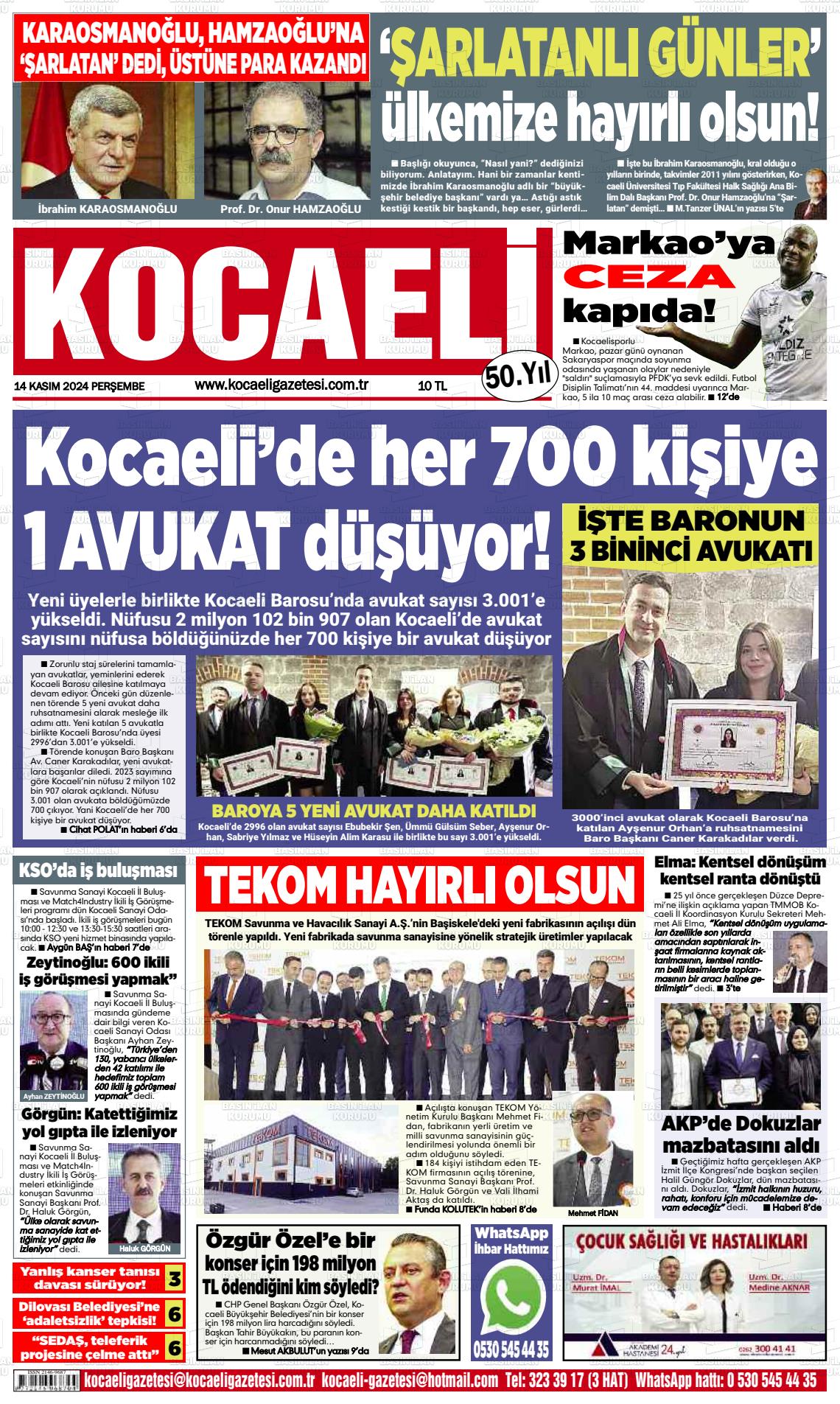 14 Kasım 2024 Kocaeli Gazete Manşeti