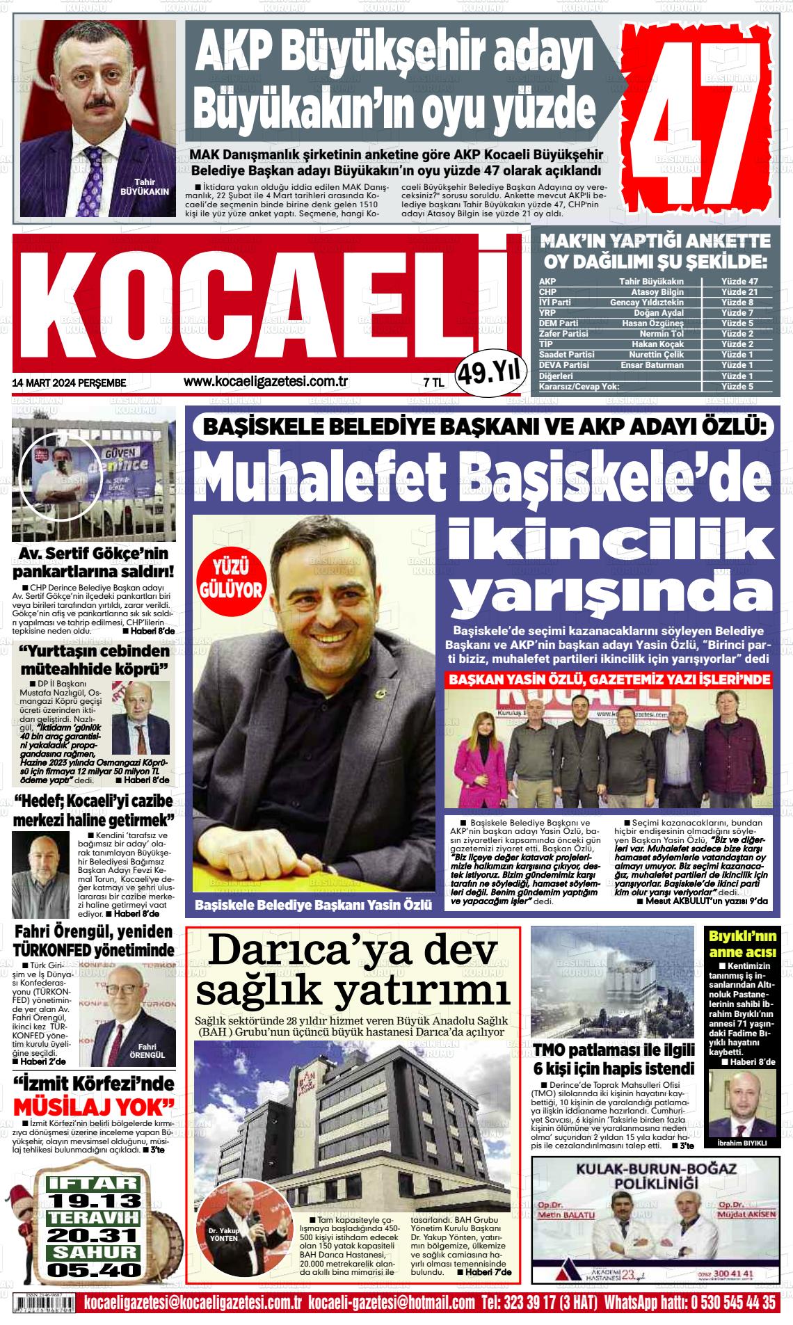 14 Mart 2024 Kocaeli Gazete Manşeti