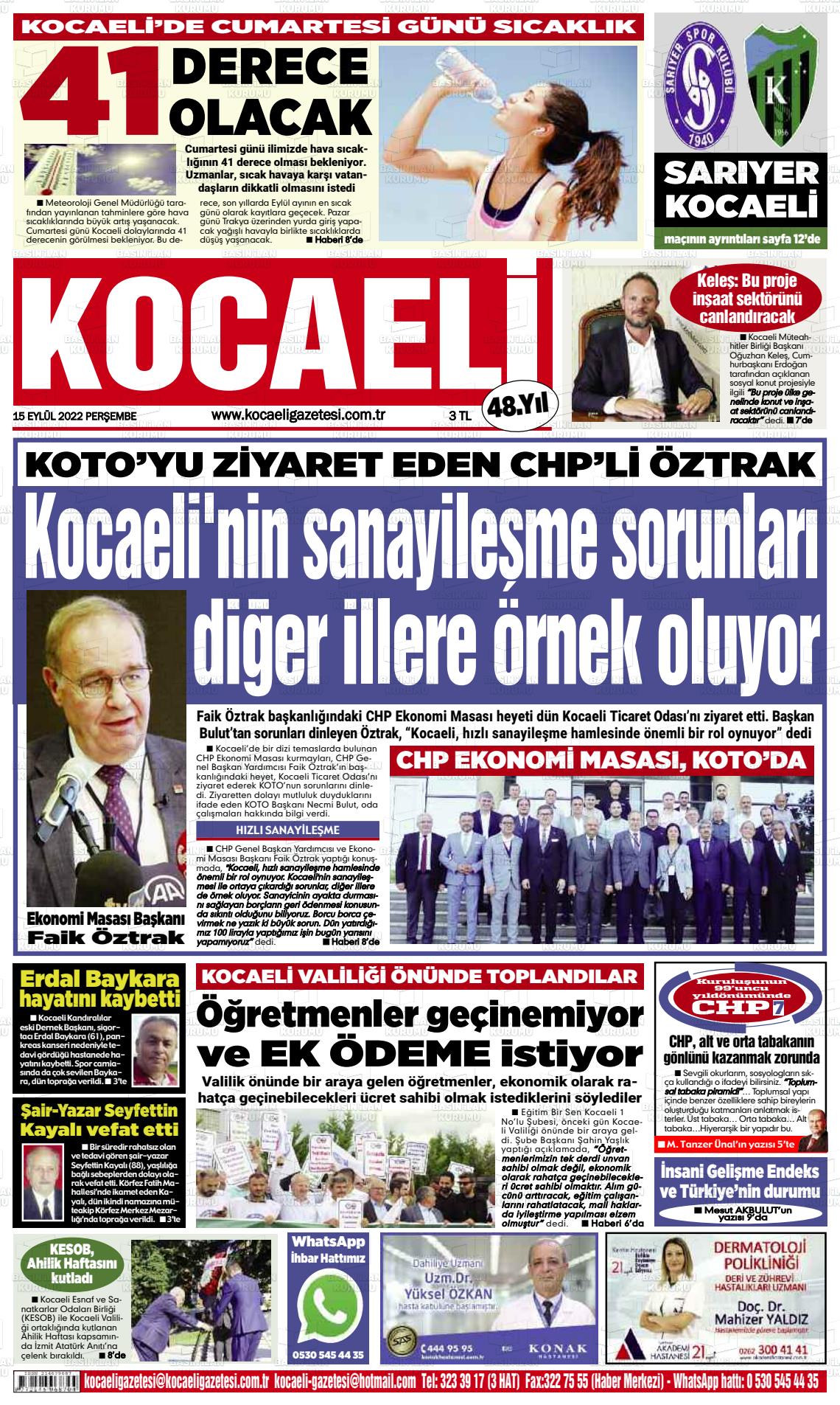 15 Eylül 2022 Kocaeli Gazete Manşeti