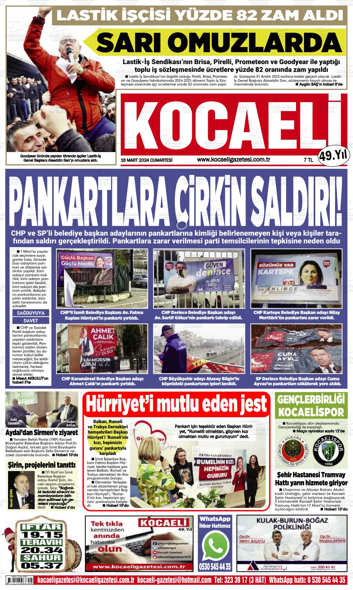 16 Mart 2024 Kocaeli Gazete Manşeti