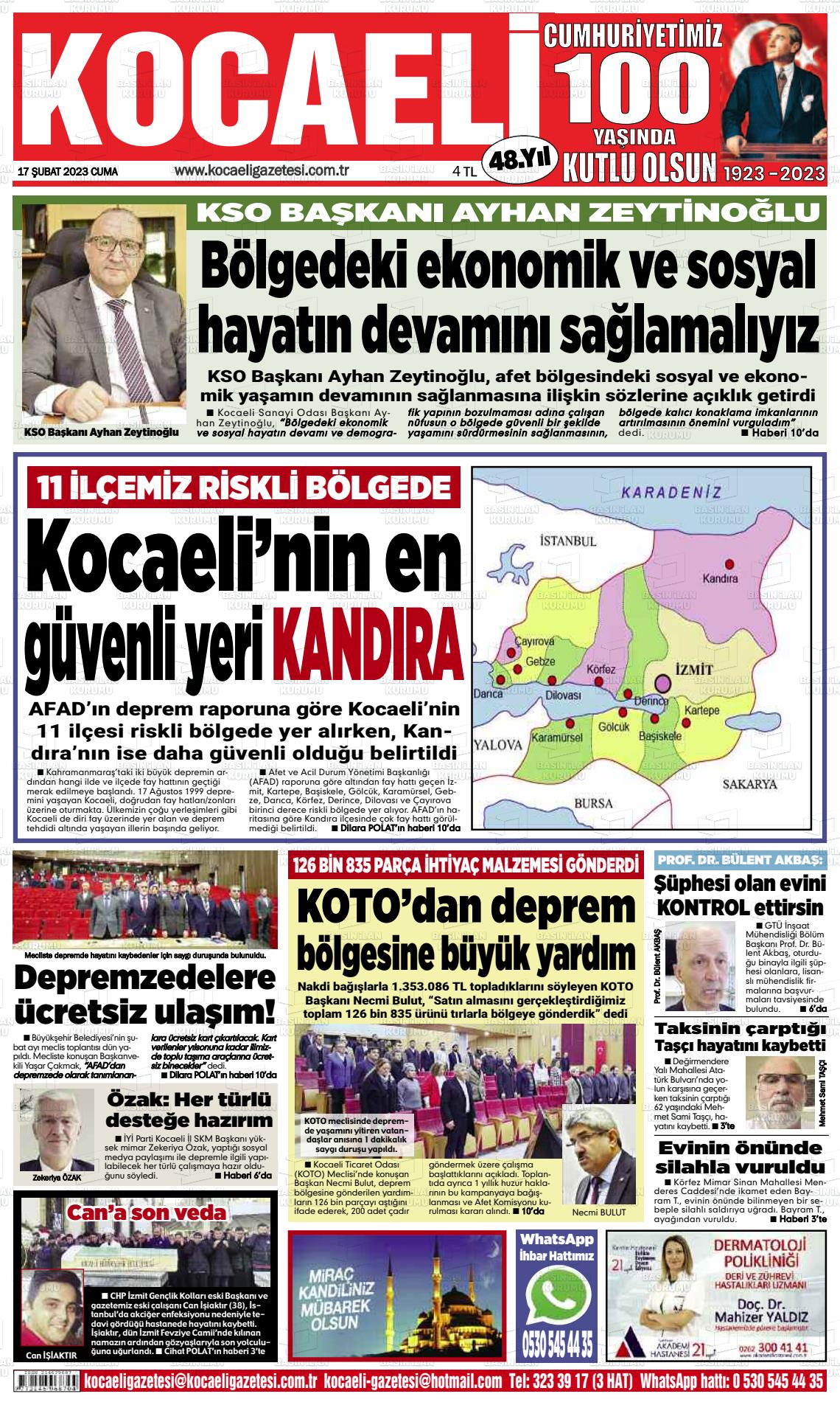 17 Şubat 2023 Kocaeli Gazete Manşeti