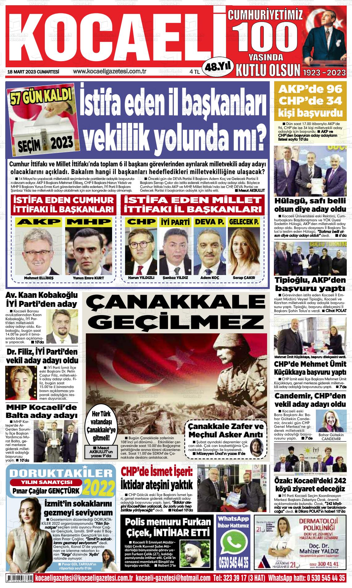 18 Mart 2023 Kocaeli Gazete Manşeti