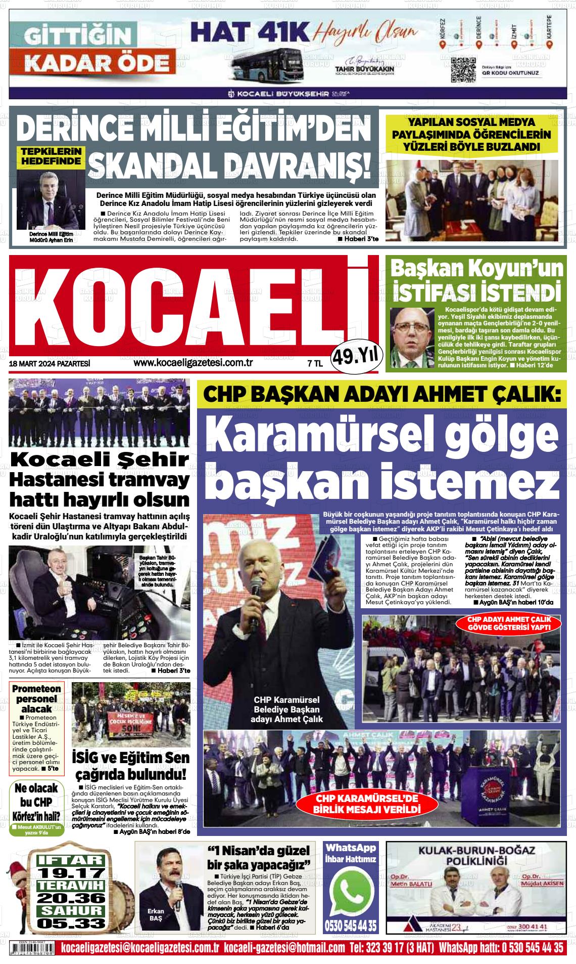 18 Mart 2024 Kocaeli Gazete Manşeti