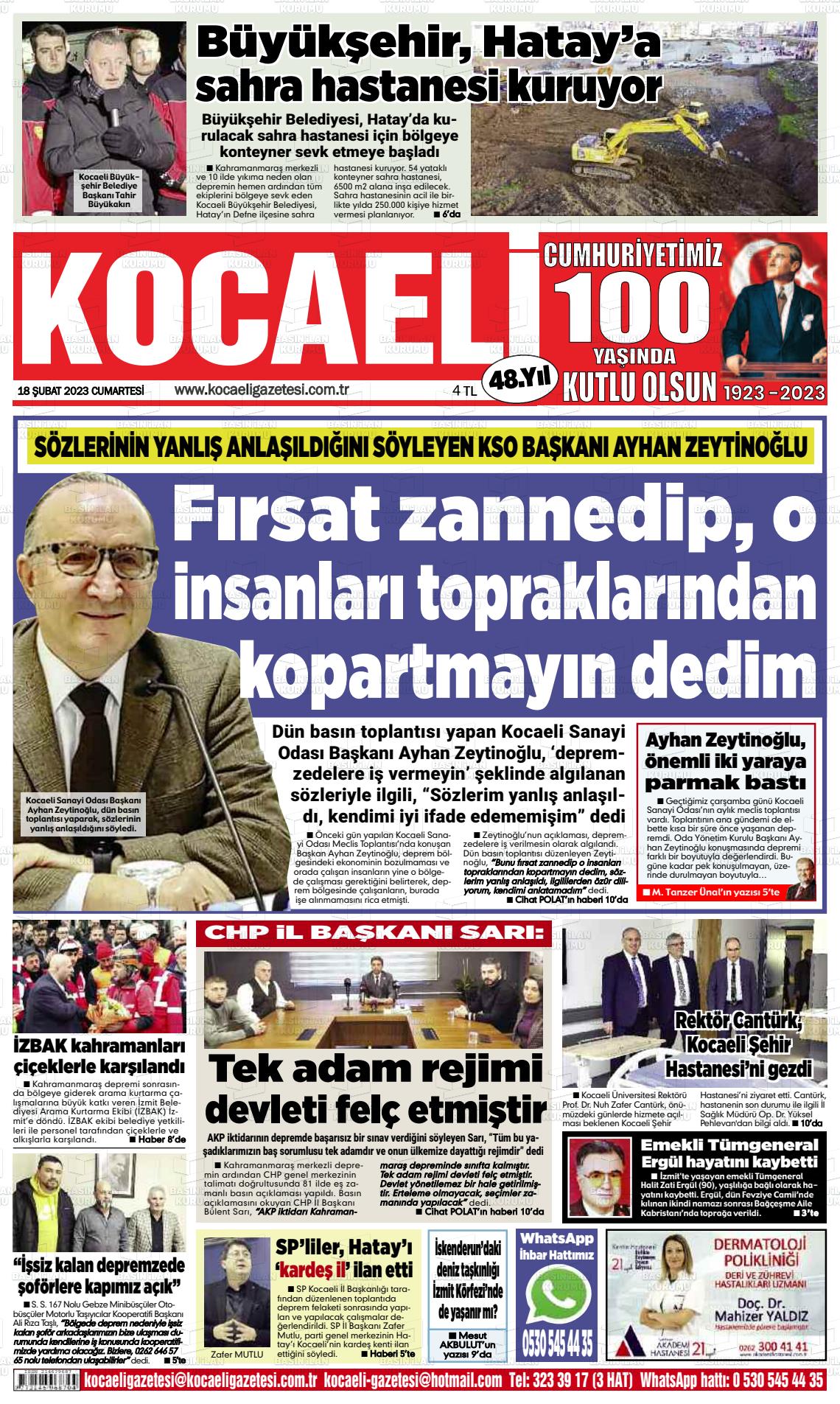 18 Şubat 2023 Kocaeli Gazete Manşeti