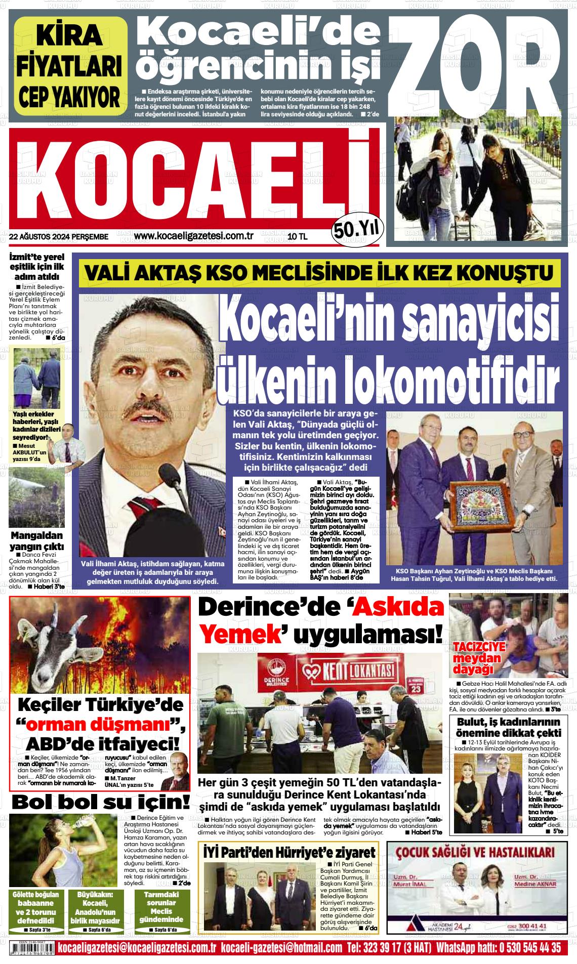 22 Ağustos 2024 Kocaeli Gazete Manşeti