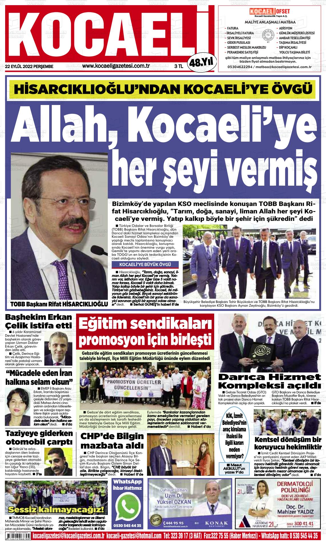 22 Eylül 2022 Kocaeli Gazete Manşeti