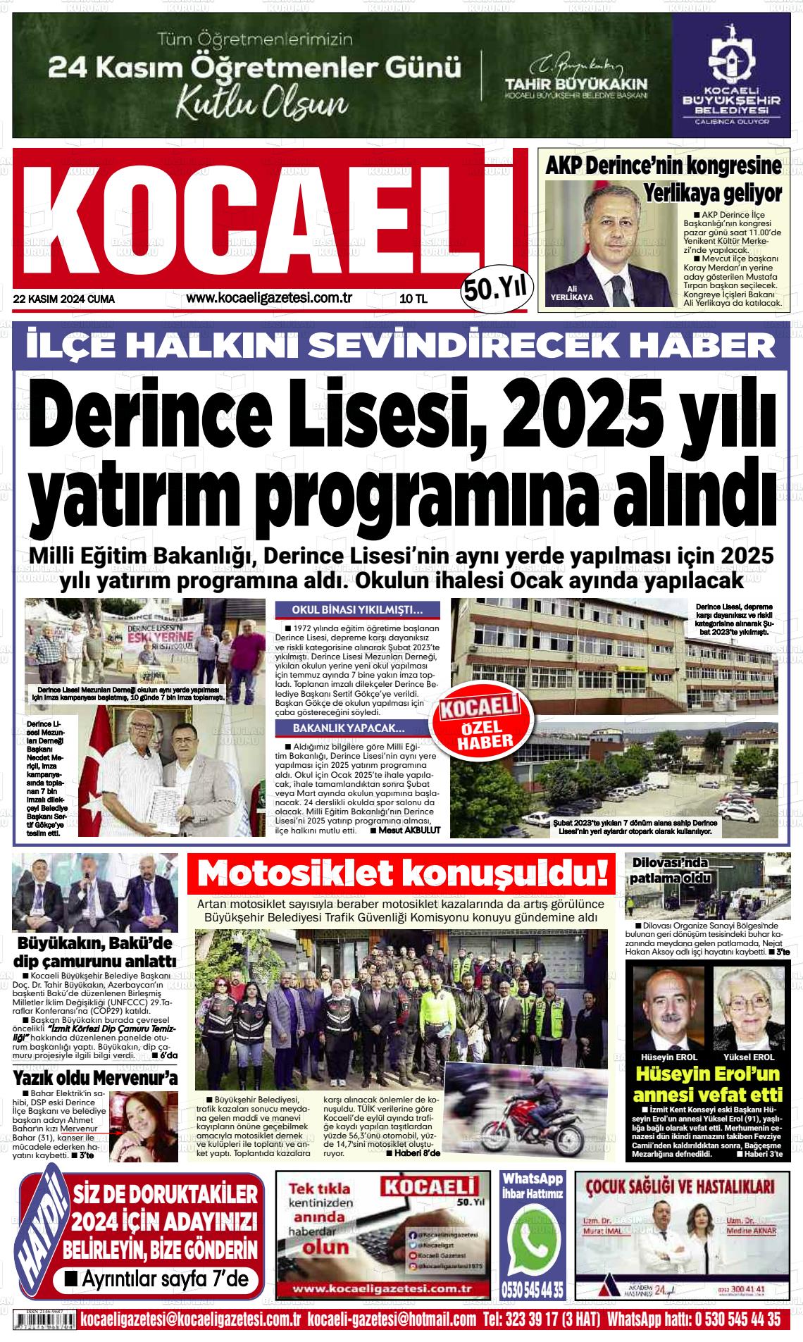 22 Kasım 2024 Kocaeli Gazete Manşeti