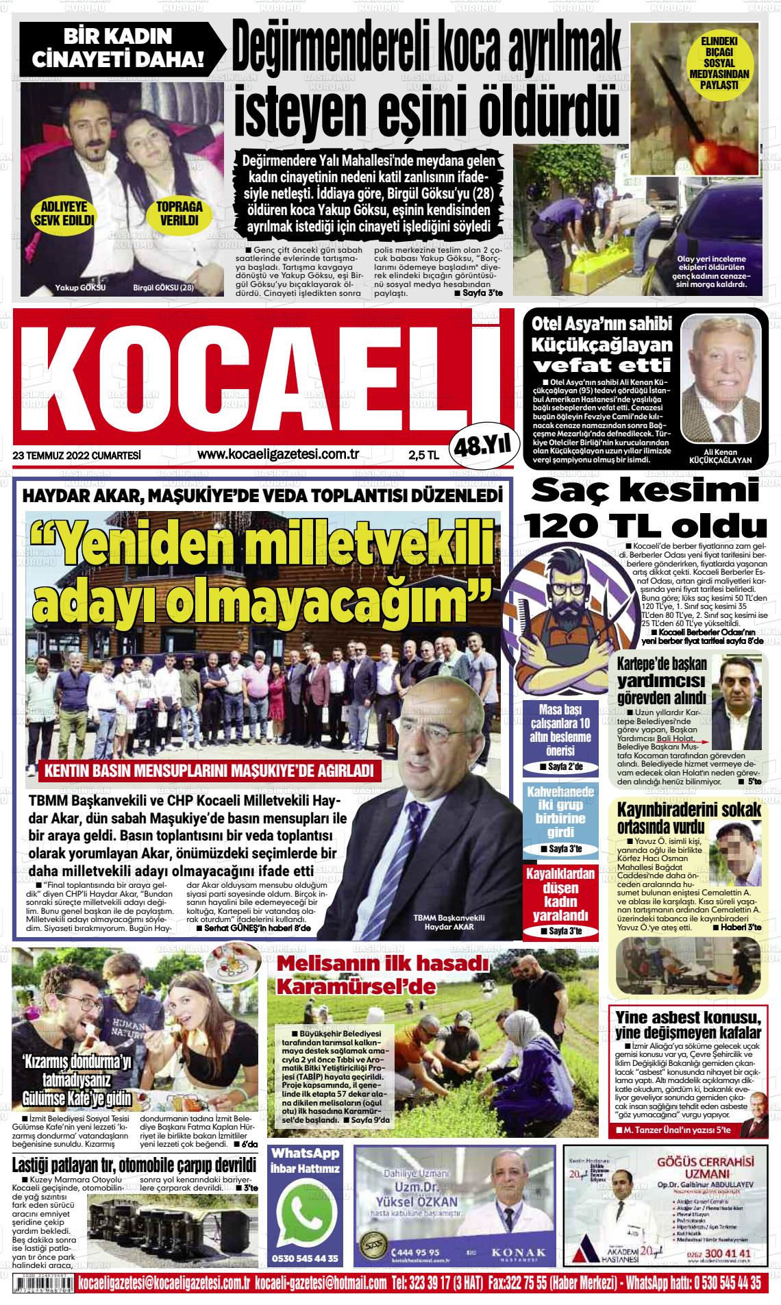 23 Temmuz 2022 Kocaeli Gazete Manşeti