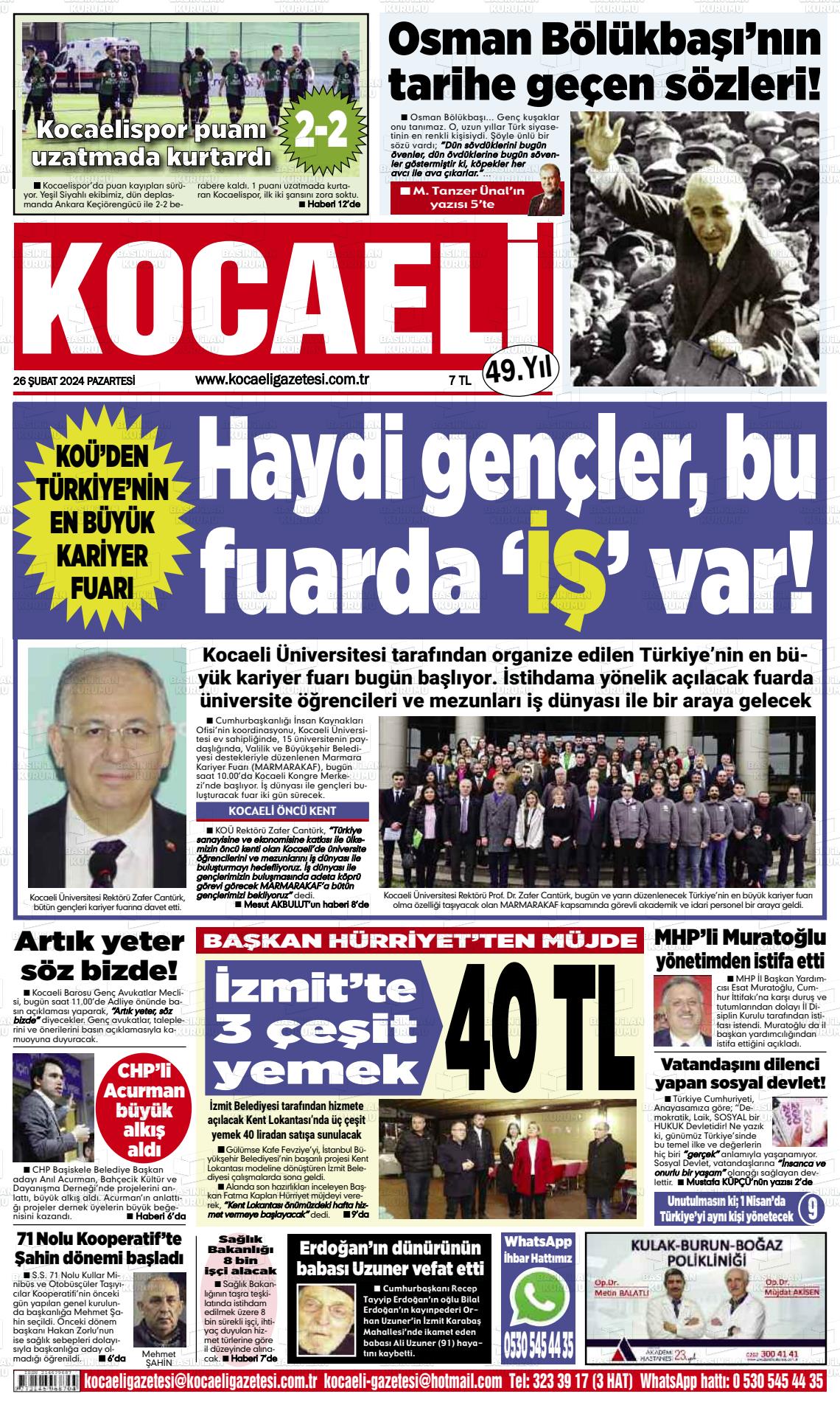 26 Şubat 2024 Kocaeli Gazete Manşeti