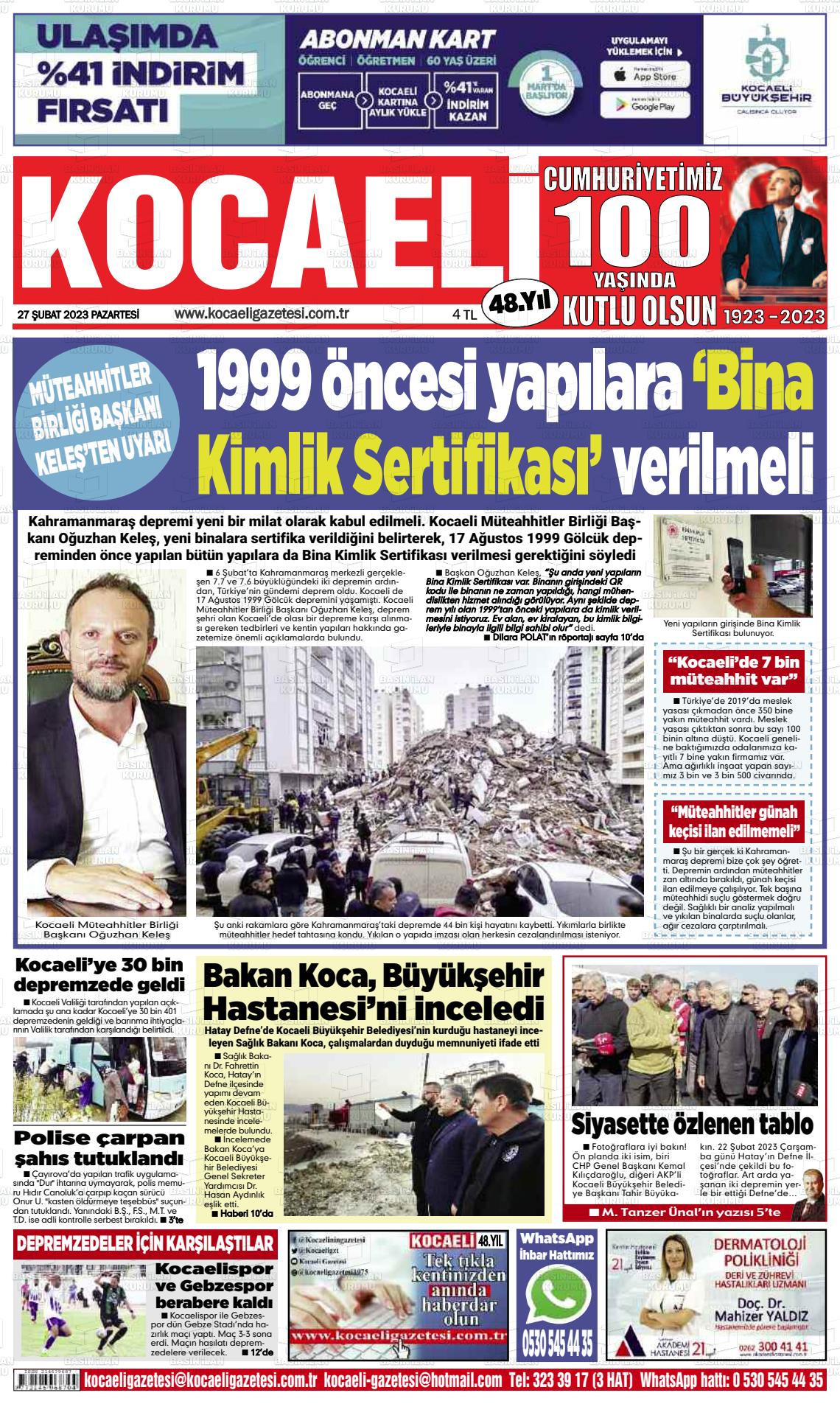 27 Şubat 2023 Kocaeli Gazete Manşeti