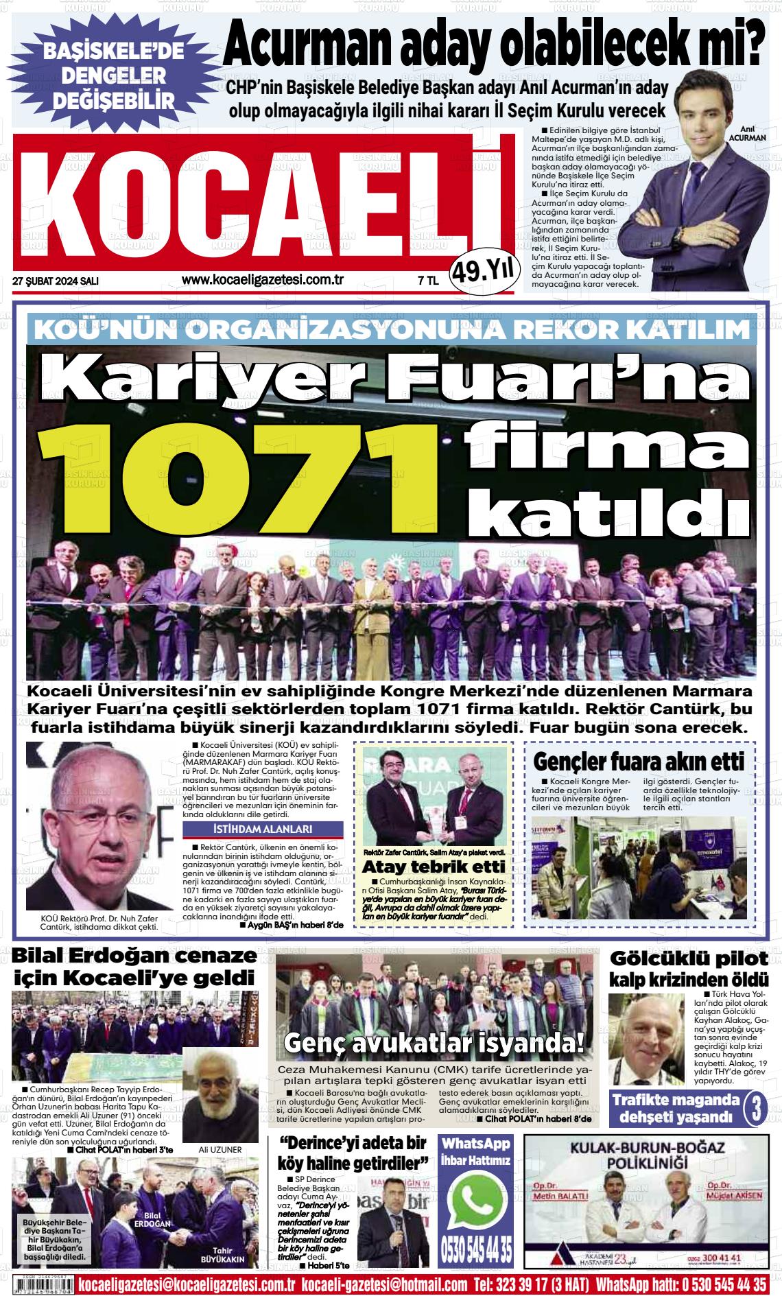 27 Şubat 2024 Kocaeli Gazete Manşeti