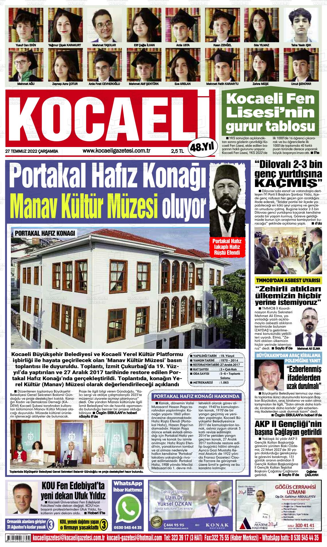 27 Temmuz 2022 Kocaeli Gazete Manşeti