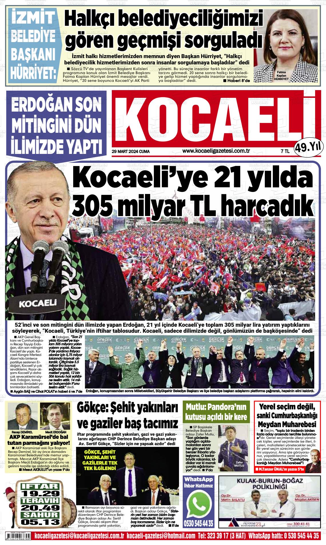 29 Mart 2024 Kocaeli Gazete Manşeti