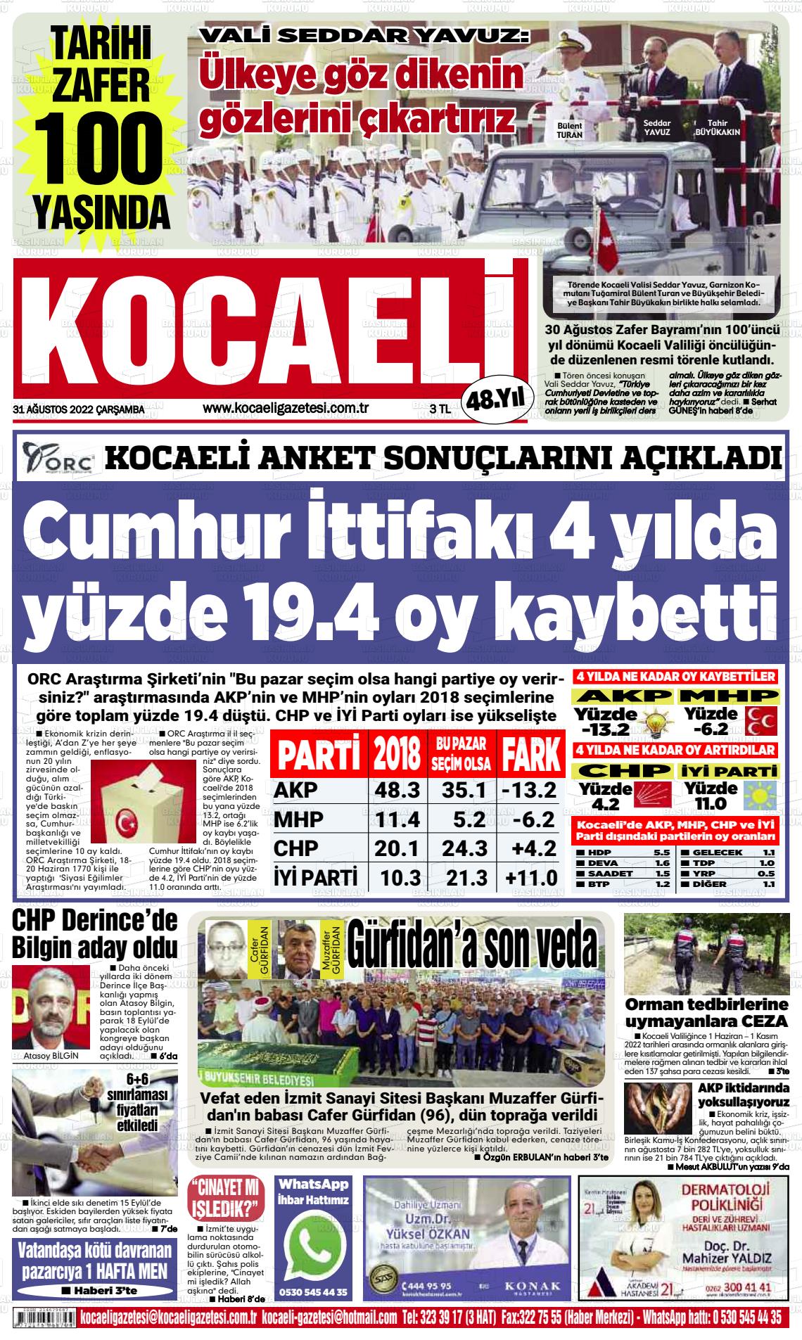 31 Ağustos 2022 Kocaeli Gazete Manşeti