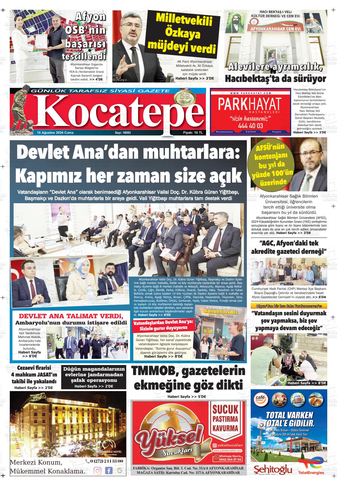 16 Ağustos 2024 Kocatepe Gazete Manşeti