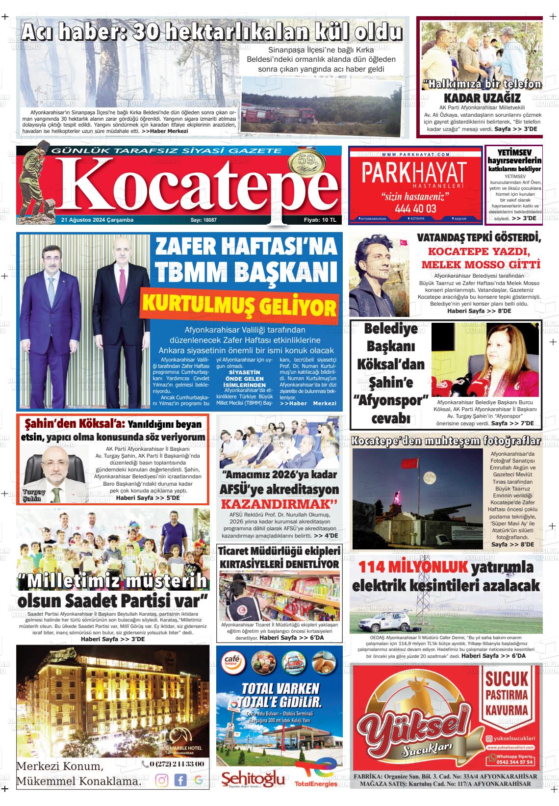 21 Ağustos 2024 Kocatepe Gazete Manşeti