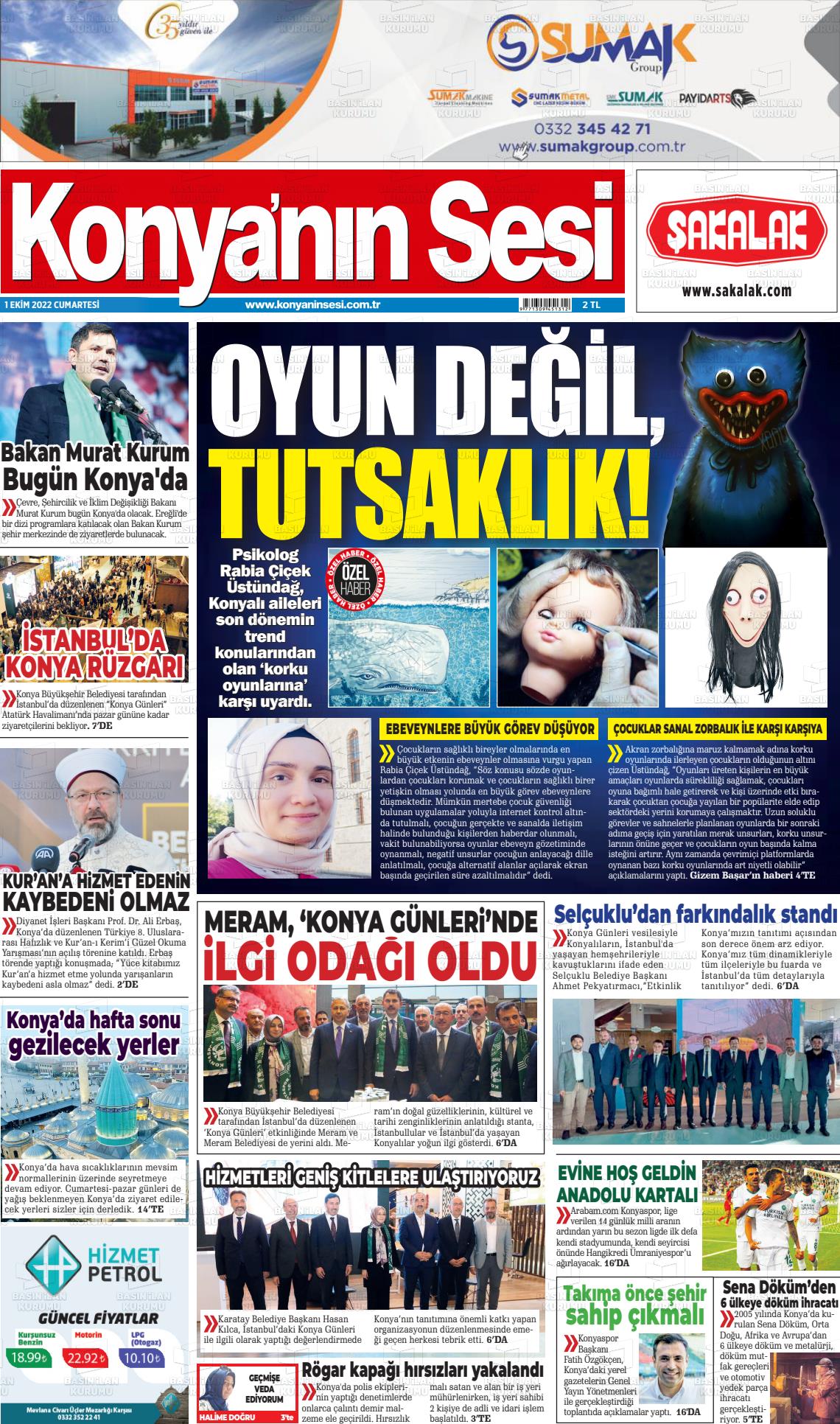01 Ekim 2022 Konyanin Sesi Gazete Manşeti