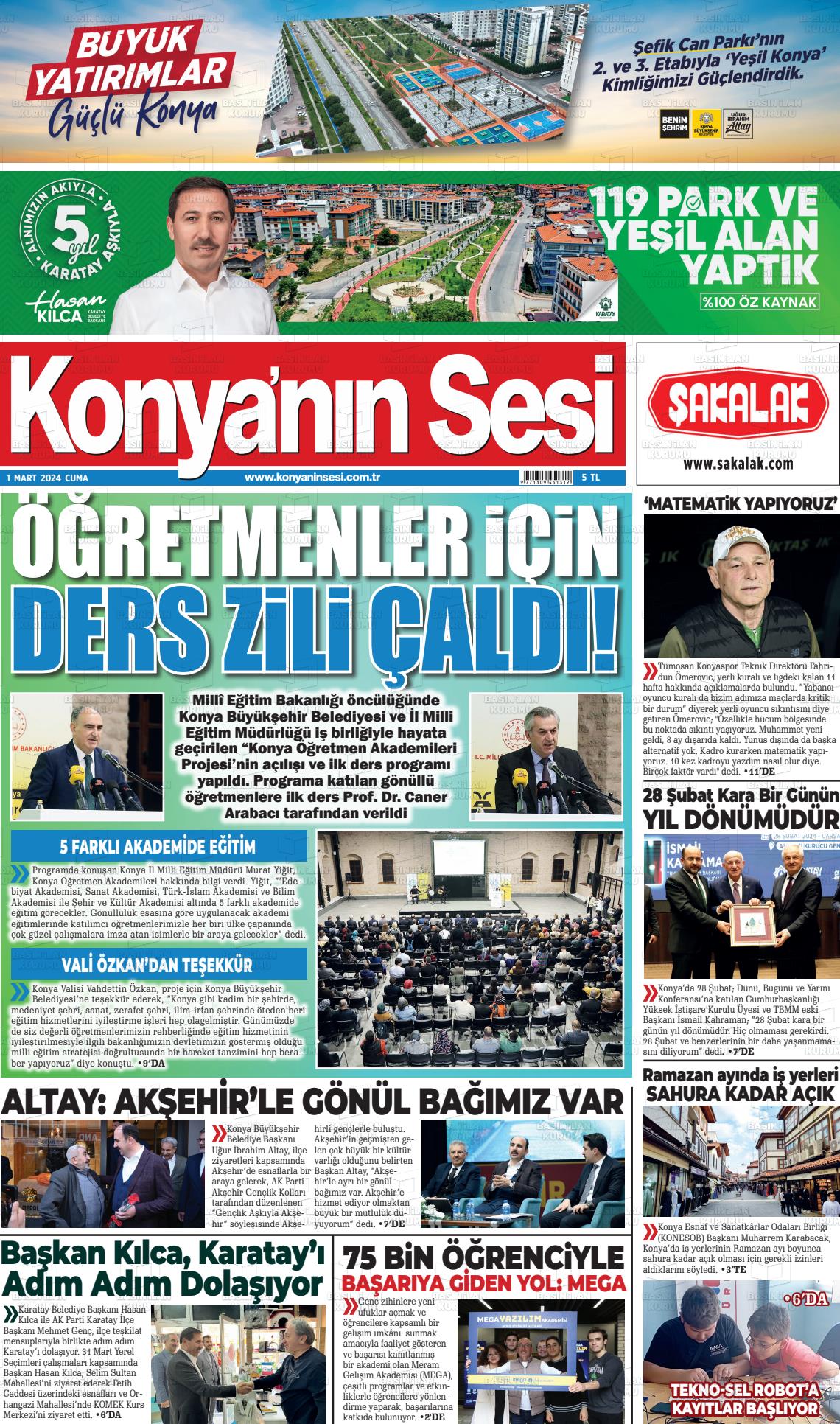 01 Mart 2024 Konyanin Sesi Gazete Manşeti