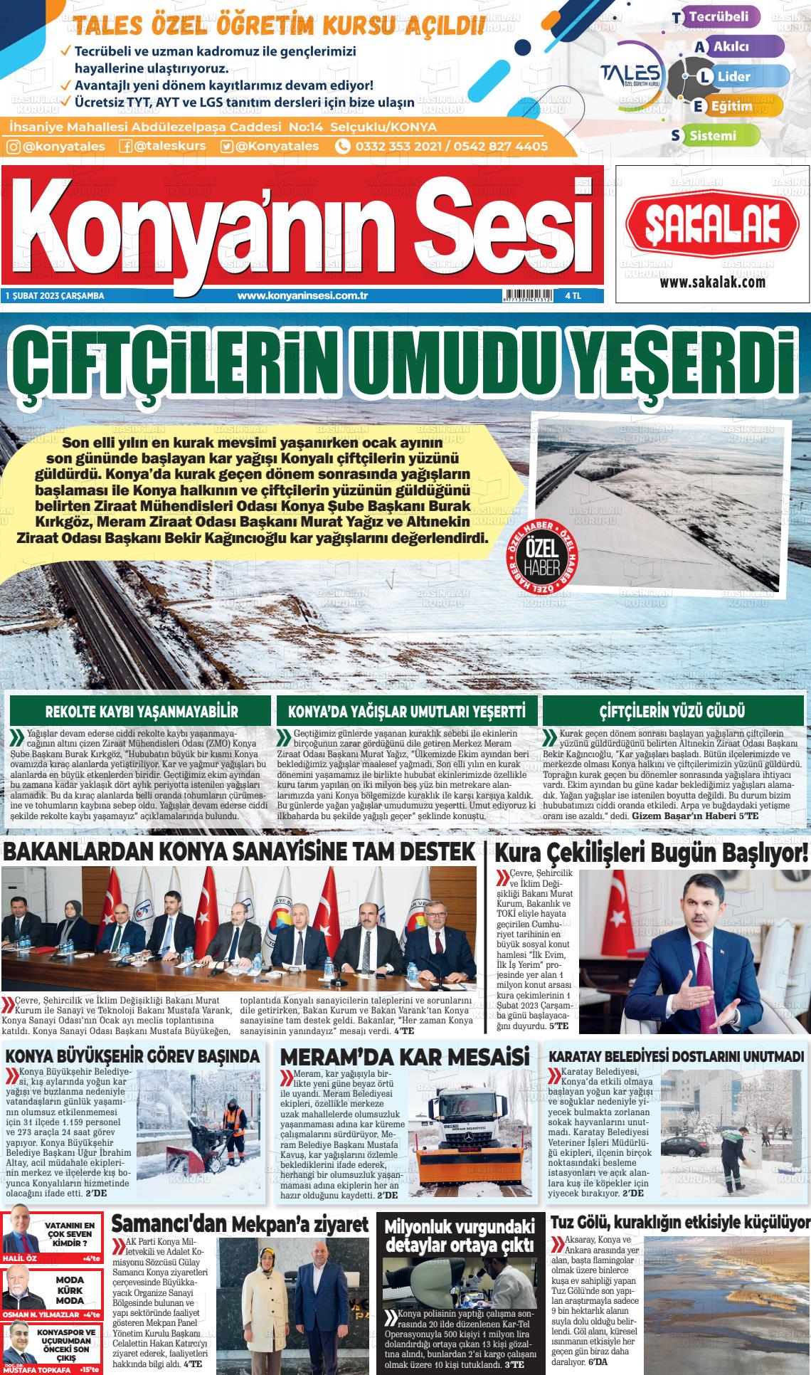 01 Şubat 2023 Konyanin Sesi Gazete Manşeti