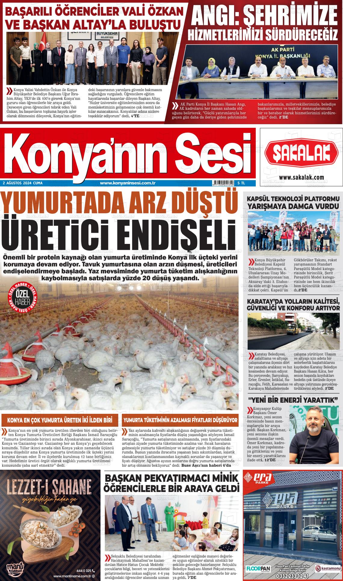 02 Ağustos 2024 Konyanin Sesi Gazete Manşeti