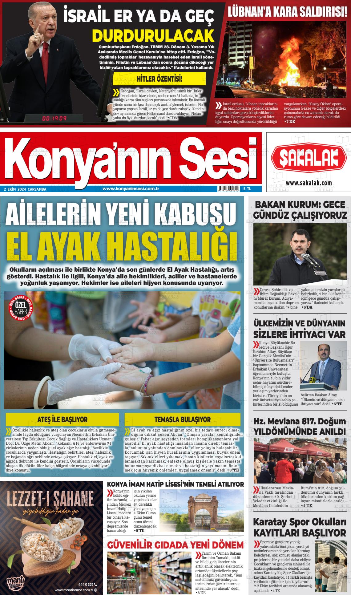 02 Ekim 2024 Konyanin Sesi Gazete Manşeti