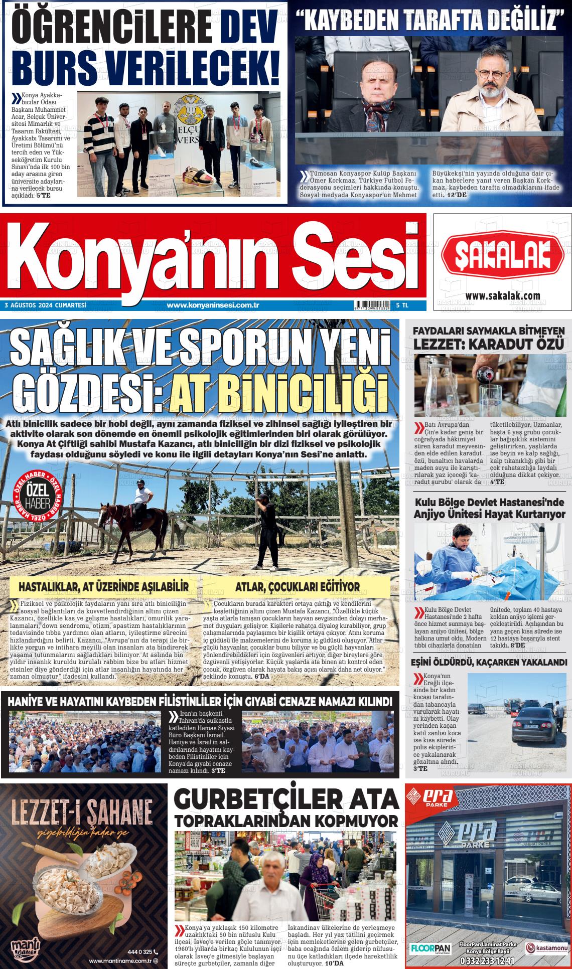 03 Ağustos 2024 Konyanin Sesi Gazete Manşeti