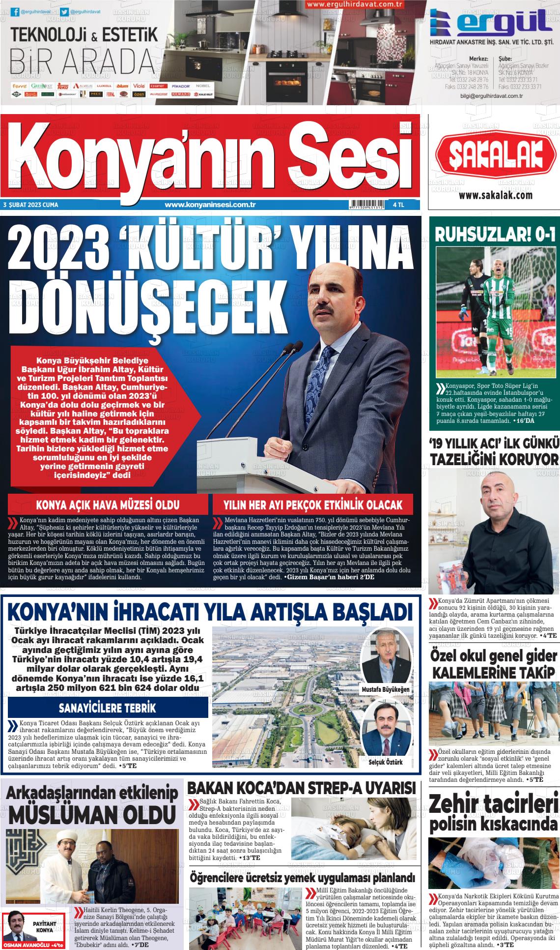 03 Şubat 2023 Konyanin Sesi Gazete Manşeti