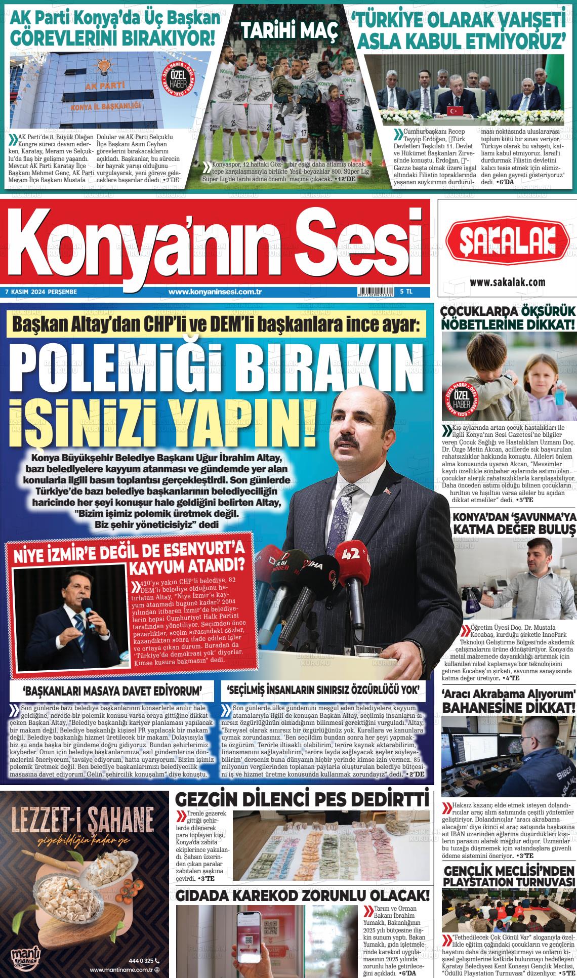 07 Kasım 2024 Konyanin Sesi Gazete Manşeti