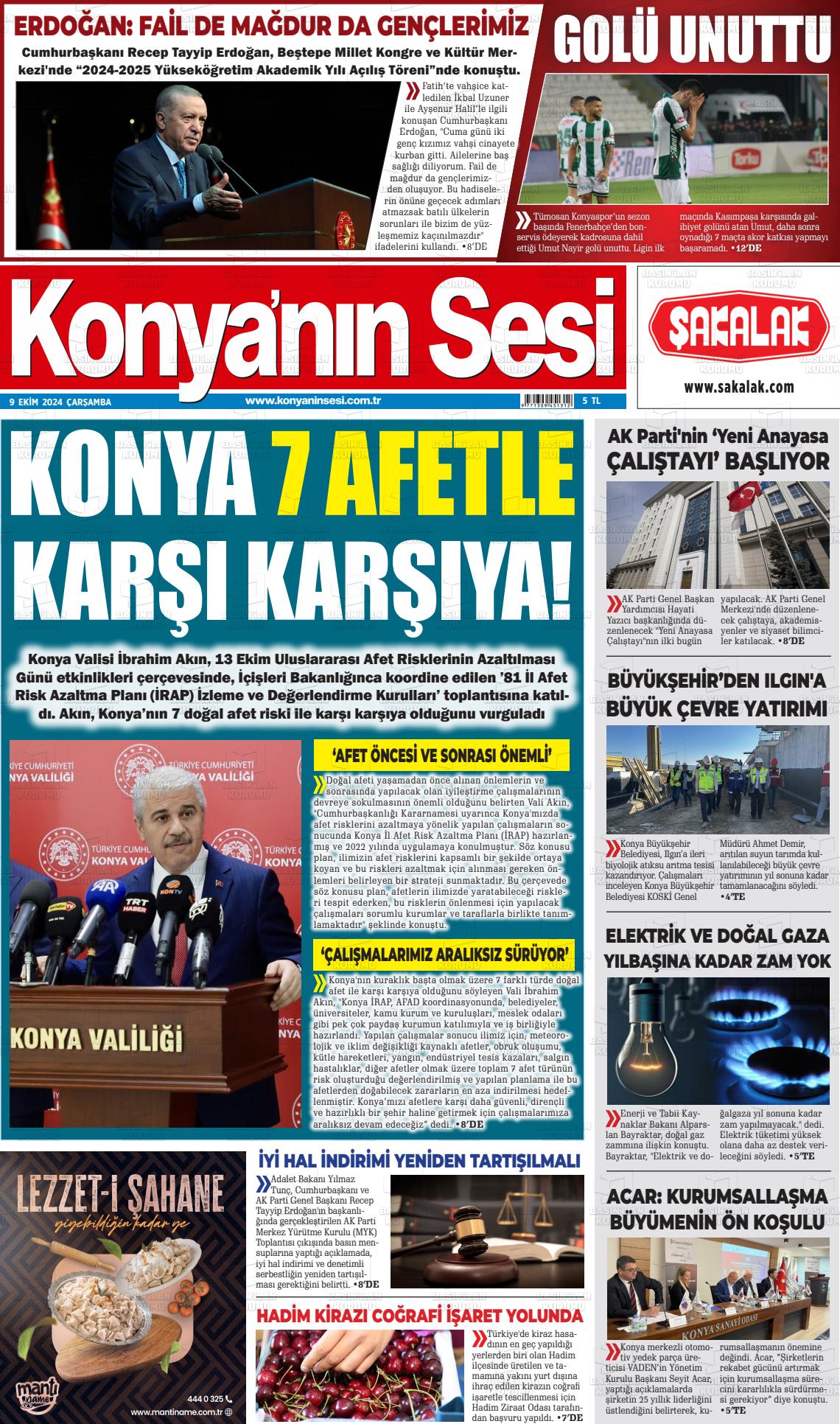 09 Ekim 2024 Konyanin Sesi Gazete Manşeti