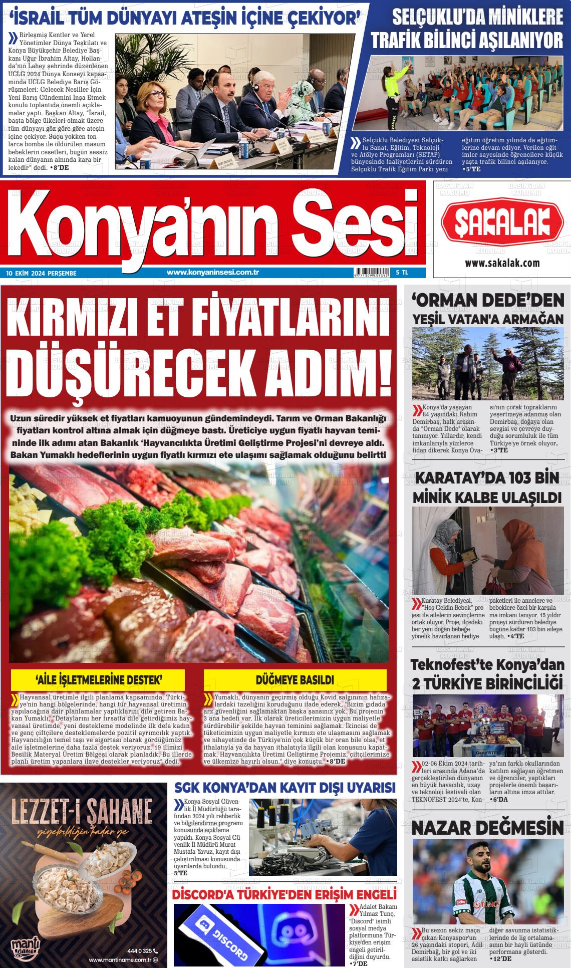 10 Ekim 2024 Konyanin Sesi Gazete Manşeti