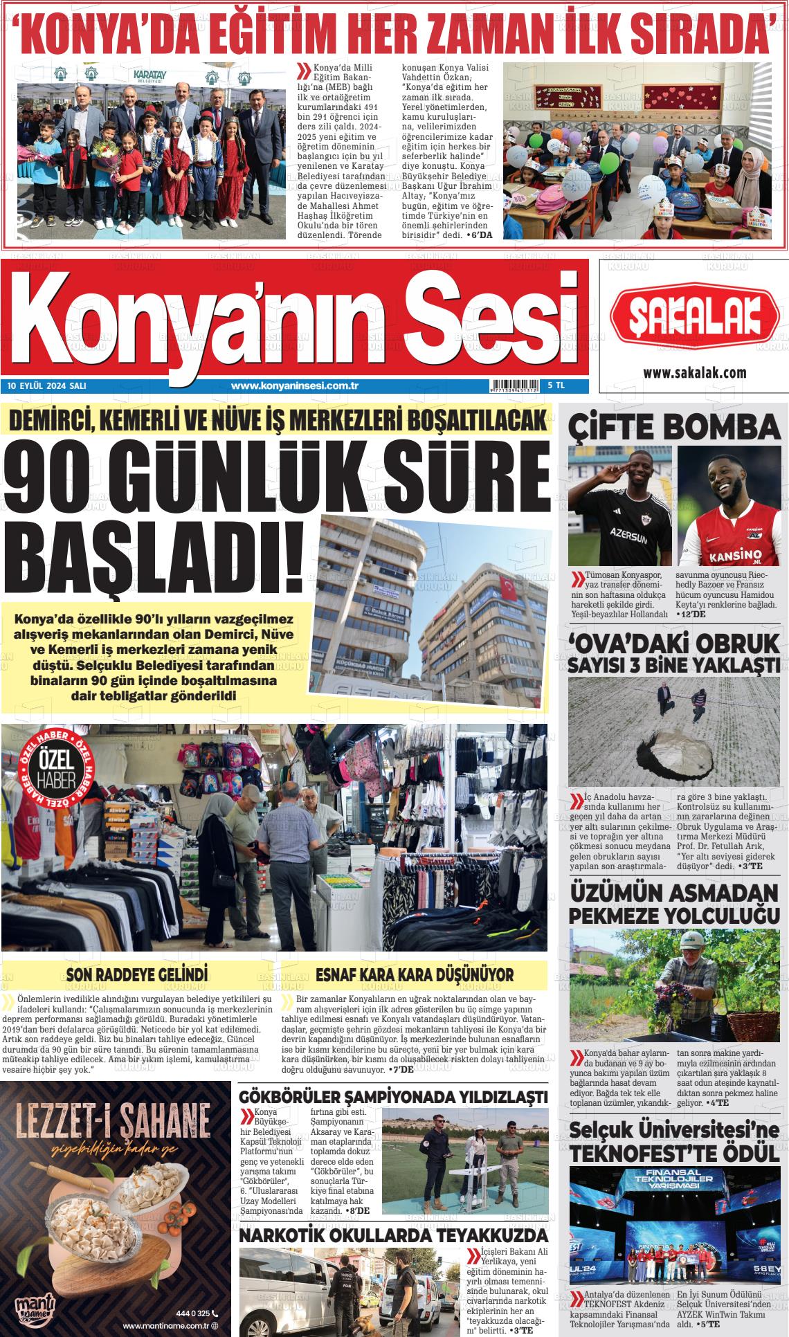 10 Eylül 2024 Konyanin Sesi Gazete Manşeti