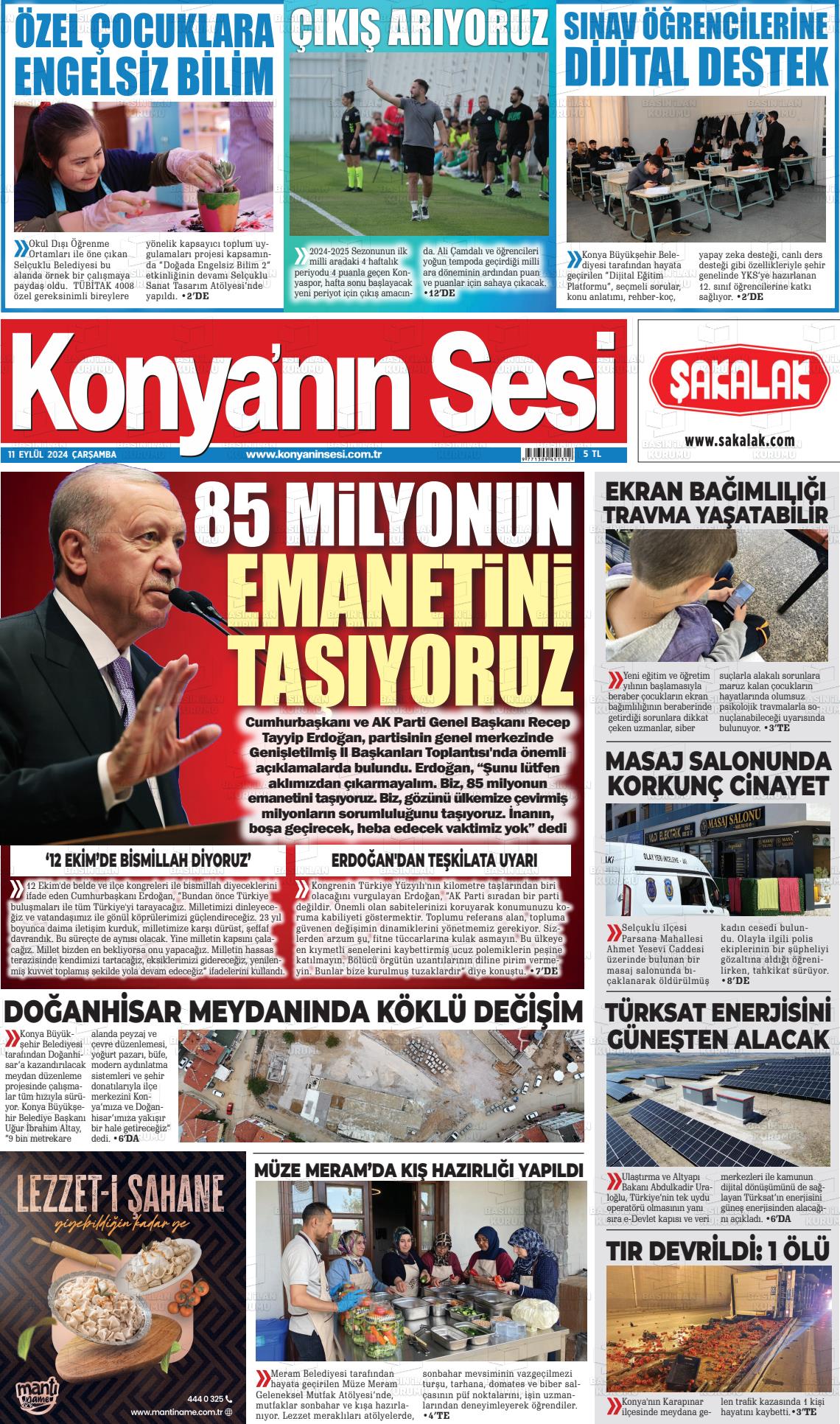 11 Eylül 2024 Konyanin Sesi Gazete Manşeti