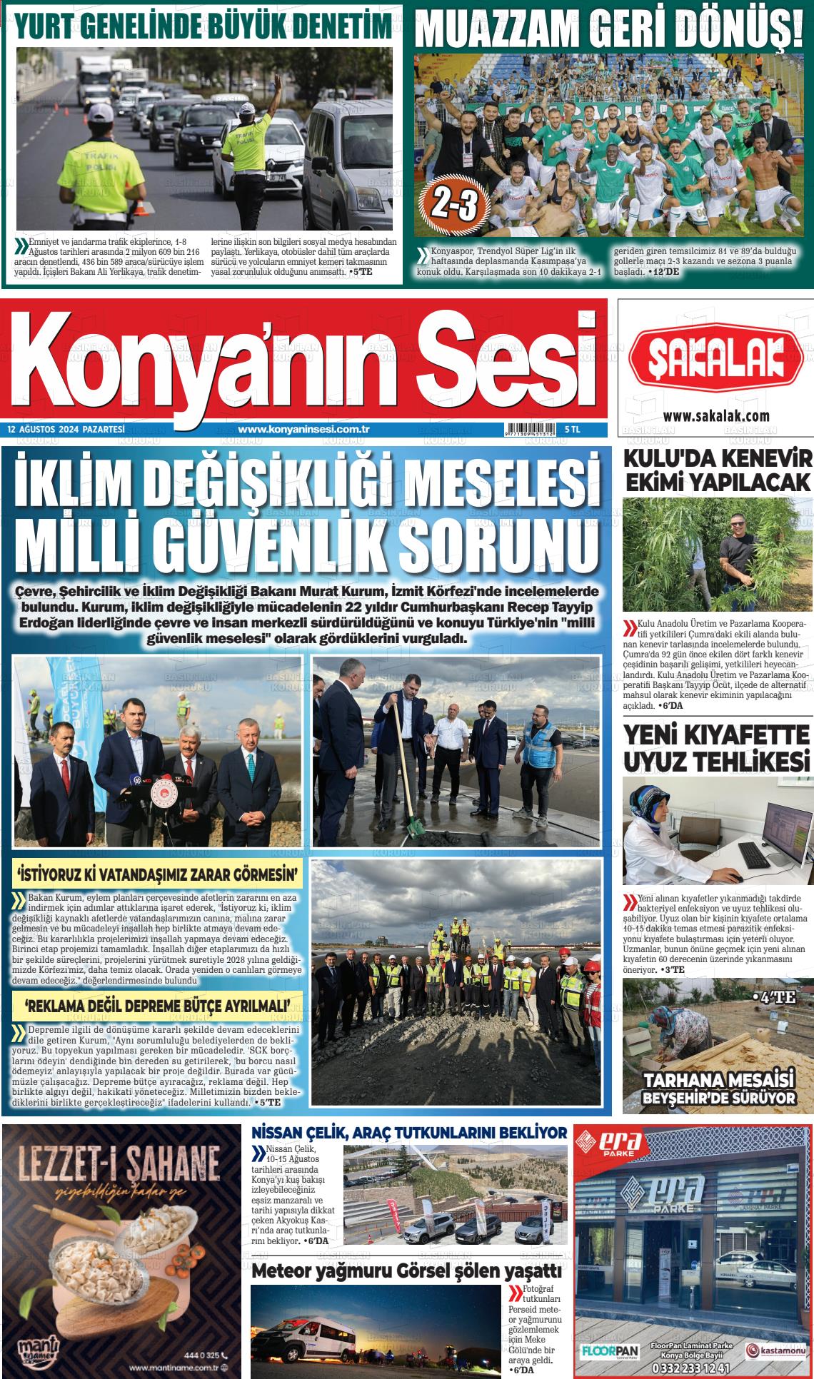 12 Ağustos 2024 Konyanin Sesi Gazete Manşeti