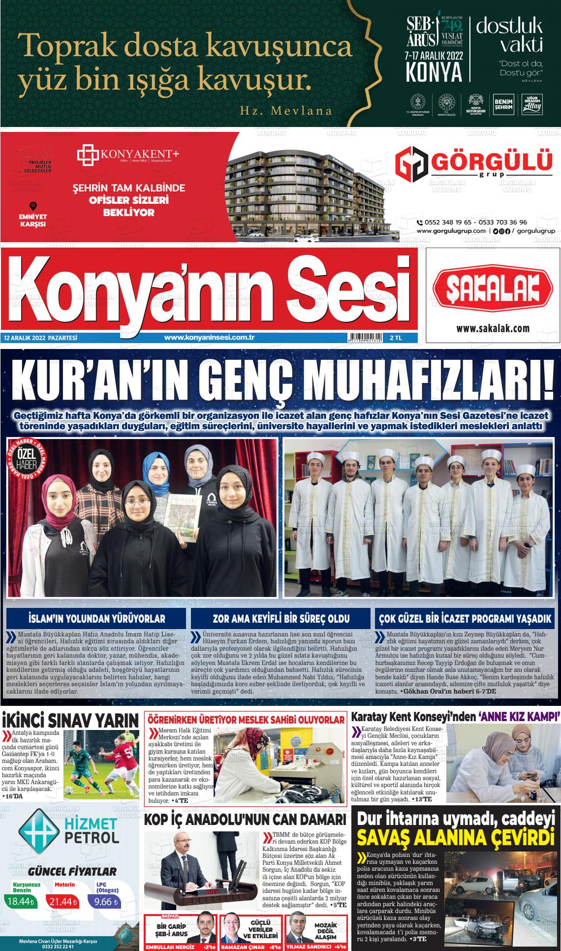 12 Aralık 2022 Konyanin Sesi Gazete Manşeti