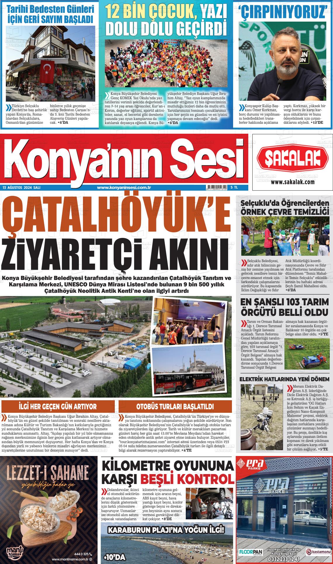 13 Ağustos 2024 Konyanin Sesi Gazete Manşeti