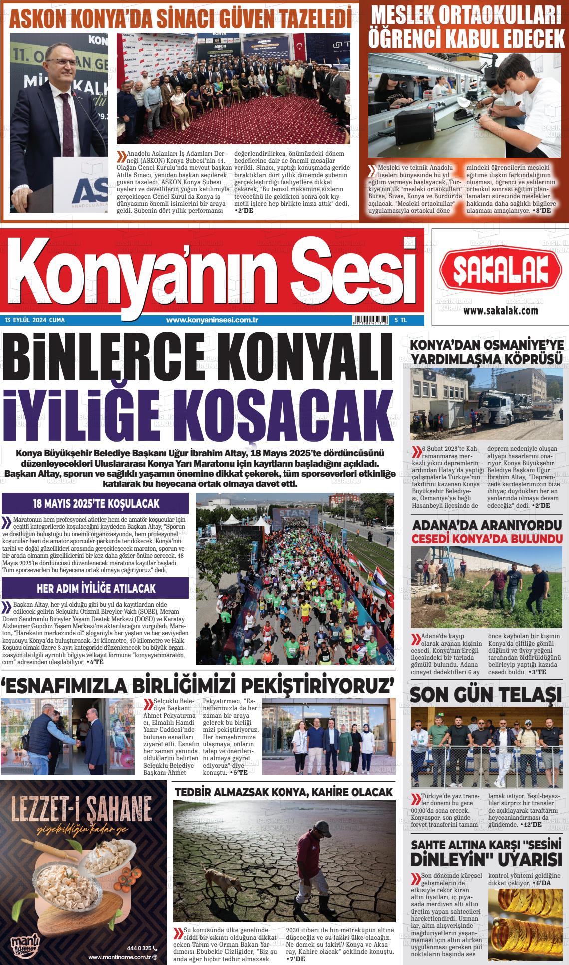 13 Eylül 2024 Konyanin Sesi Gazete Manşeti