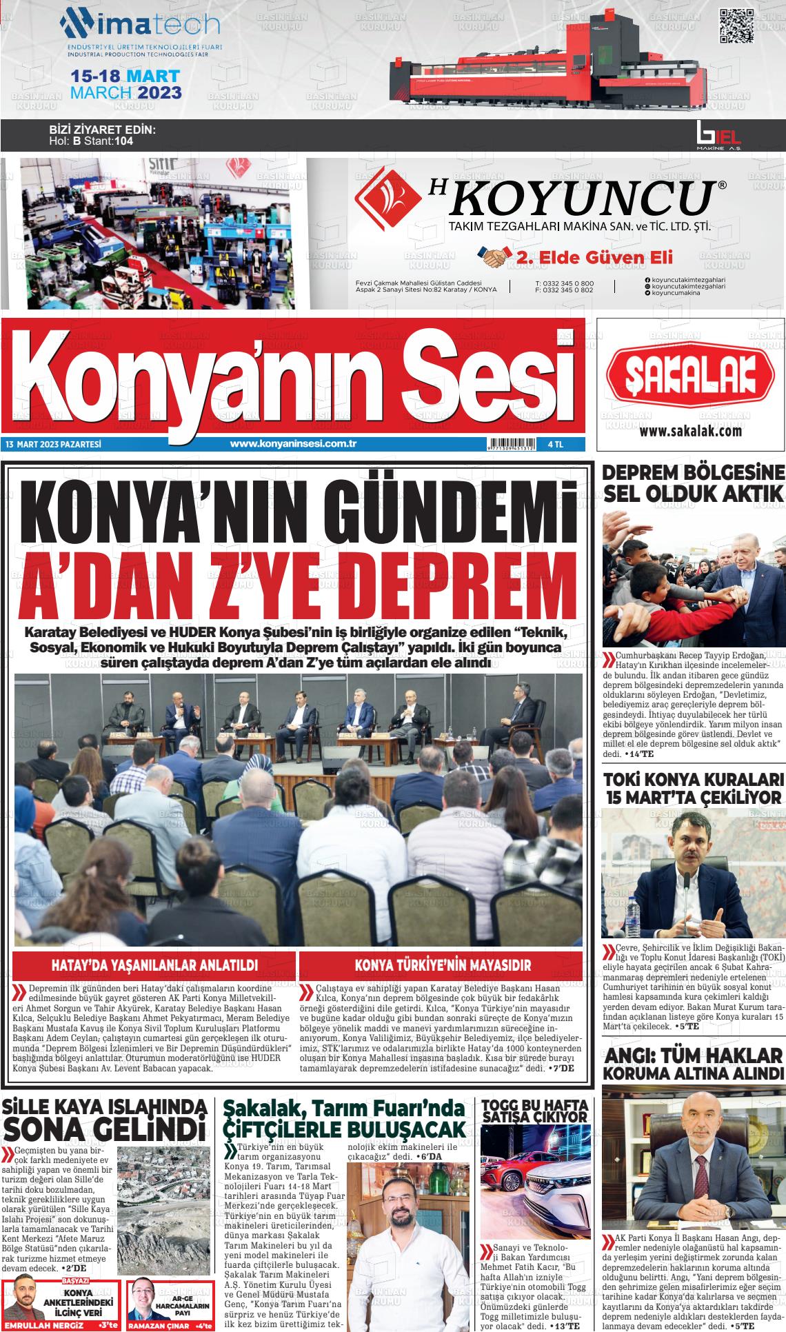 13 Mart 2023 Konyanin Sesi Gazete Manşeti