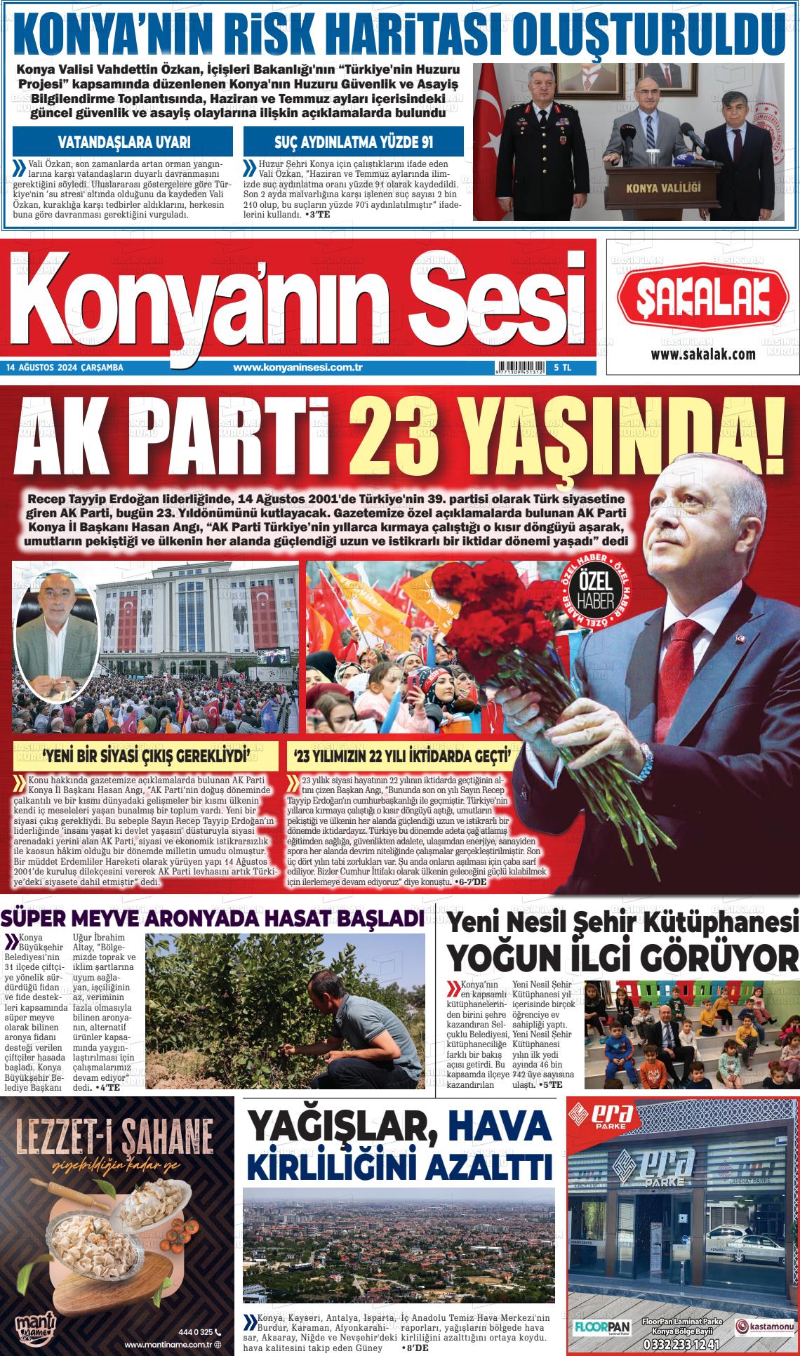 14 Ağustos 2024 Konyanin Sesi Gazete Manşeti